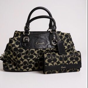 Coach Signature Canvas Satchel Shoulder Bag Black Patent Leather Wallet Set